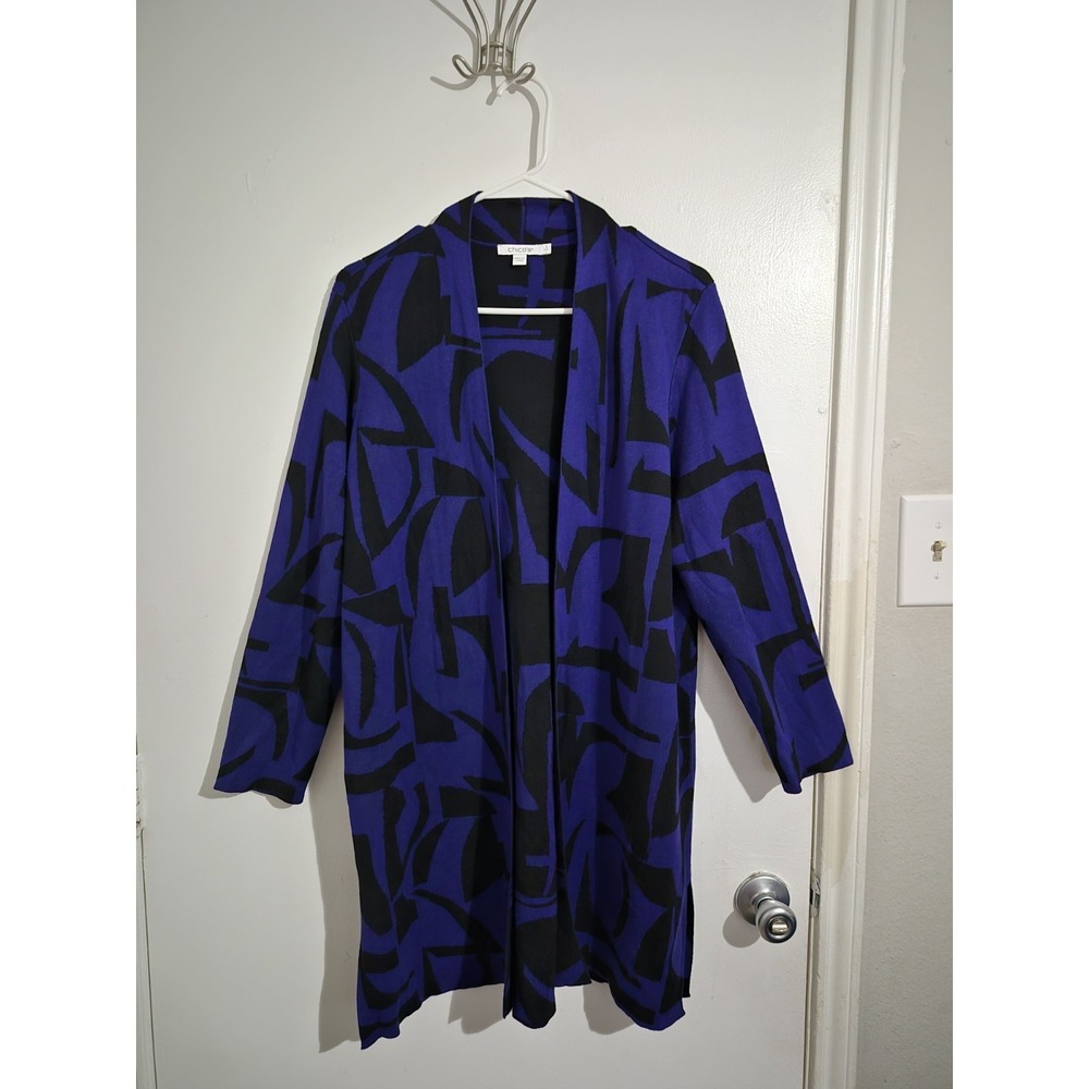 CHICO'S Travelers Blue Black Rayon Blend Knit Open Front Cardigan Sweater‎ Sz 2